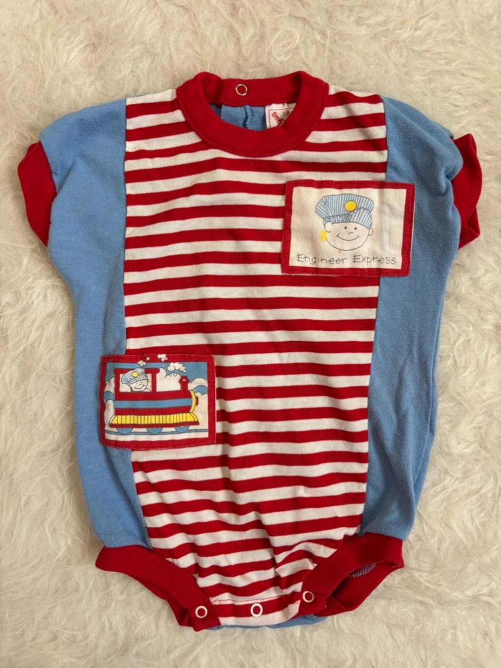 Buster Brown Vintage Red & Light Blue Striped Train Bubble Romper